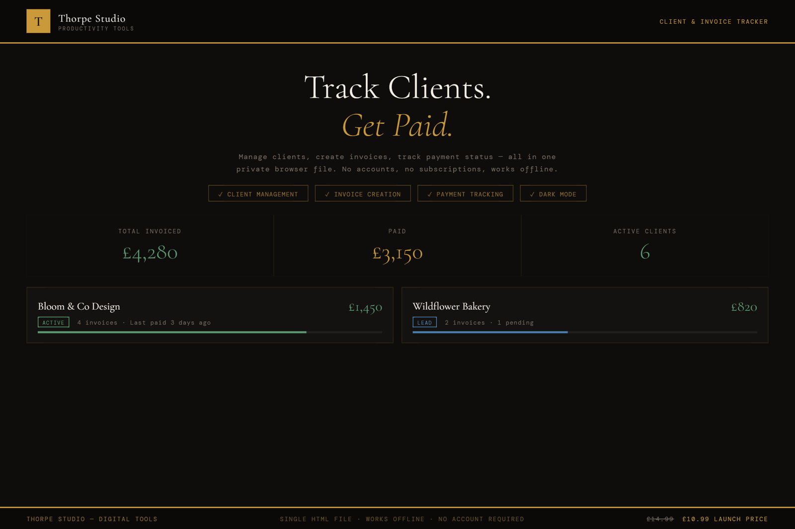 Client and Invoice Tracker tool showing dark mode interface with client list, invoice management, and payment tracking