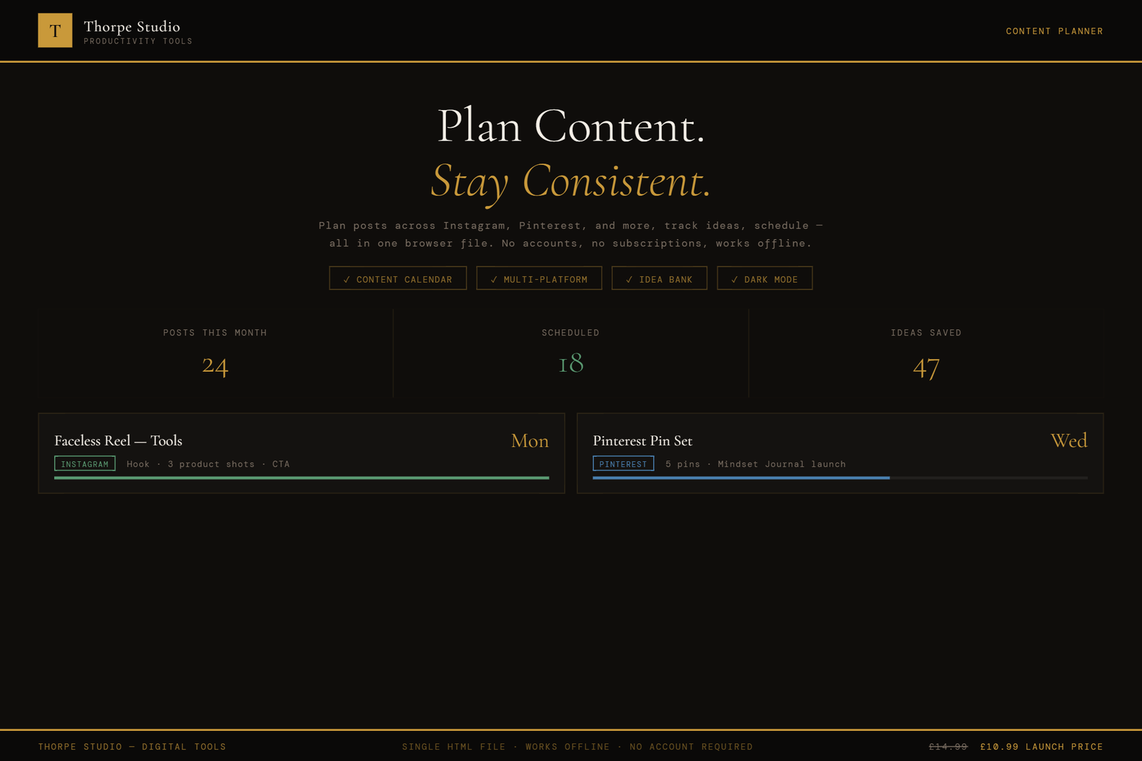 Content Planner tool showing dark mode interface with content calendar, post scheduling, and platform management