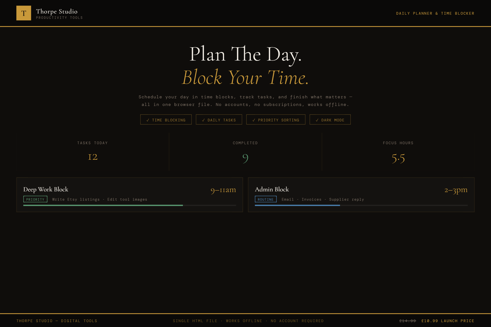 Daily Planner and Time Blocker tool showing dark mode interface with time blocks, habit tracker, and weekly overview