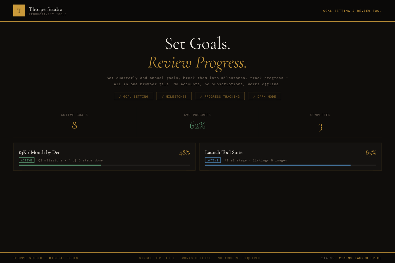 Goal Setting and Review tool showing dark mode interface with SMART goals, life wheel, and review tracker
