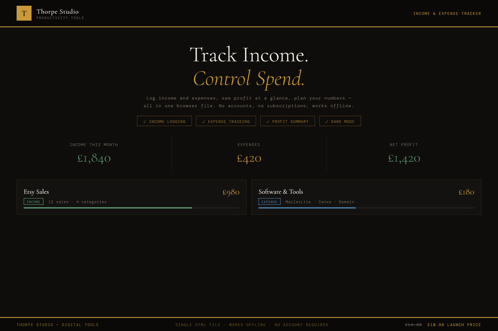 Income and Expense Tracker tool showing dark mode interface with financial charts, categories, and budget goals